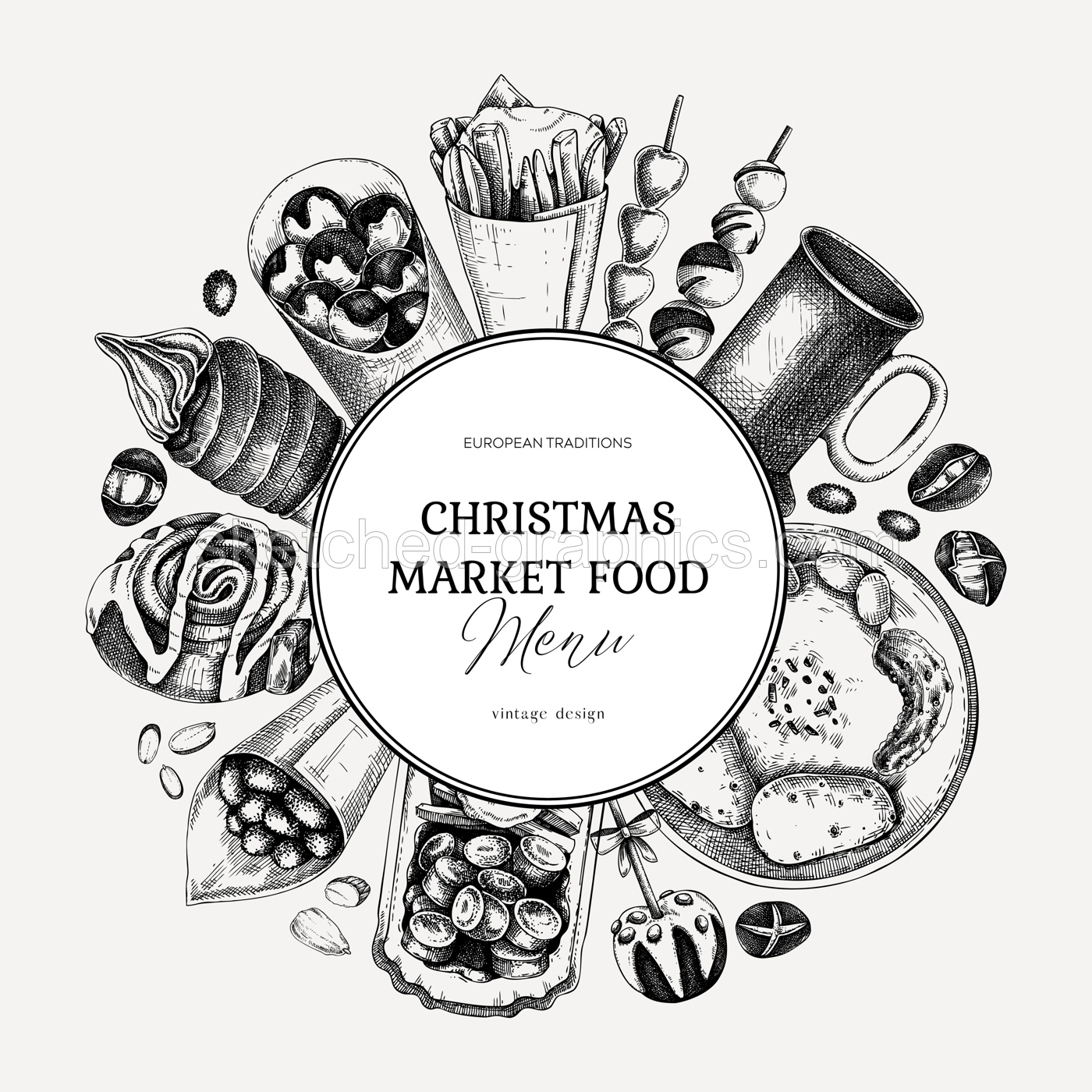 Christmas market food menu design. Hand-drawn vector illustration. Mulled wine, sweets, raclette, French fries, pastries, grilled sausages, roasted almond sketches. European Christmas fair wreath Illustration